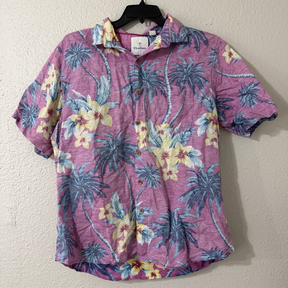 Caribbean XL Men's Shortsleeve Shirt Linen Cotton Hawaiian Tropical Beach Floral